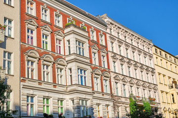 Front view of some renovated old apartment buildings seen in Berlin, Germany