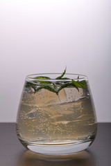 Refreshing drink with gas bubbles. Nalit in a transparent glass. It laid crushed ice. Decorated with mint leaves.