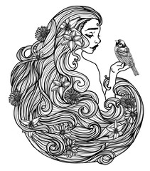 Tattoo art women and flower hand drawing and sketch black and white