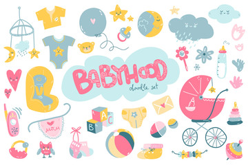 Newborn infant themed cute doodle set. Baby care, feeding, clothing, toys, health care stuff, safety, accessories. - 279269682