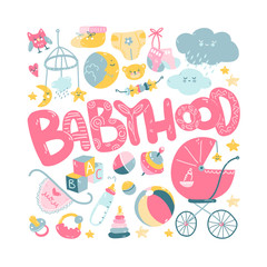Newborn infant themed cute doodle set. Baby care, feeding, clothing, toys, health care stuff, safety, accessories.