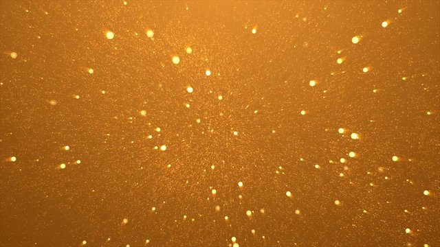4k Festive gold motion background. Bokeh lights. Floating golden glitters. Glowing particles. 
