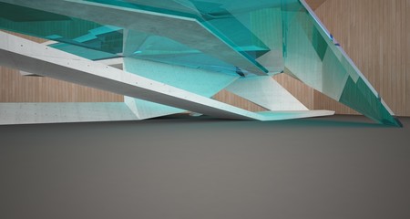 Abstract architectural wood and glass interior of a minimalist house. 3D illustration and rendering.