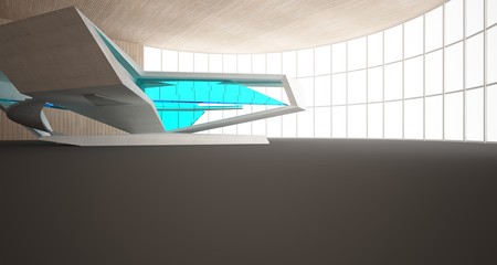 Abstract architectural wood and glass interior of a minimalist house. 3D illustration and rendering.