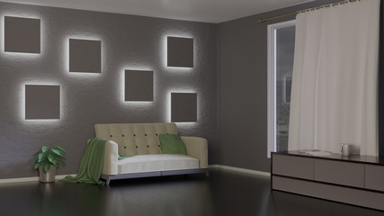 Home interior with a window. Empty room. Architectural concept design. 3D rendering.