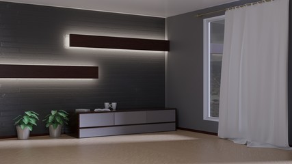 Home interior with a window. Empty room. Architectural concept design. 3D rendering.