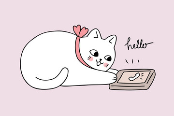 Cartoon cute cat talking mobile vector.