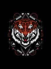 Wild tiger head logo illustration with sacred geometry pattern as the background