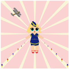 Doll stewardess on the background of a stylized take-off field and a vintage aircraft.