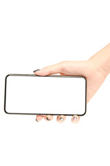 Hand holding phone isolated on white background with clipping path.