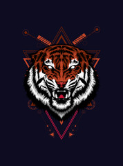 Wild tiger head logo illustration with sacred geometry pattern as the background