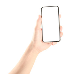 Hand holding phone isolated on white background with clipping path.