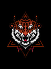 Wild tiger head logo illustration with sacred geometry pattern as the background