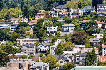 Aerial view of residential neighborhood built on a hill, Berkeley, San Francisco bay, California; - obrazy, fototapety, plakaty