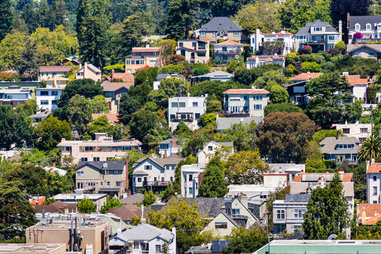 Aerial View Of Residential Neighborhood Built On A Hill, Berkeley, San Francisco Bay, California;