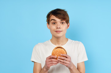 man with hamburger