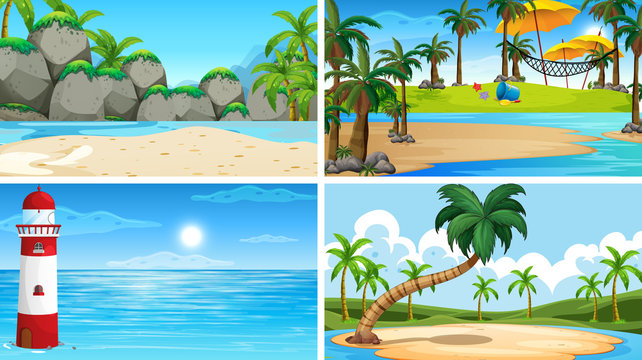 Set of tropical ocean nature scenes with beaches