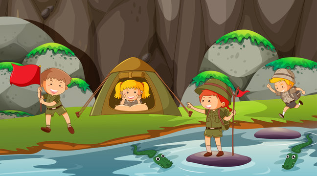 kids camping outdoors scene