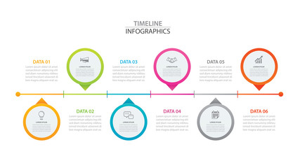 Infographics timeline circle paper with 6 data horizontal template. Vector illustration abstract background. Can be used for workflow layout, business step, brochure, flyers, banner, web design.