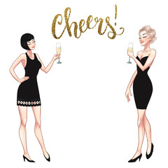 Two beautiful young women holding champagne glasses. Twenties retro party pin-up flapper girls in black dresses. Vector comic illustration - 279279606