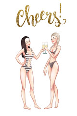 Two beautiful young women in swimsuit holding champagne glasses. Beach party pin-up girls, summer holidays. Vector comic illustration - 279279607