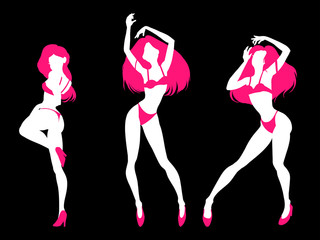 Set of sexy women silhouettes in underwear, club burlesque performer, dancer, stripper, go-go girl, vector illustration