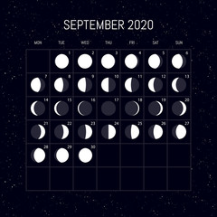 Moon phases calendar for 2020 year. September. Night background design. Vector illustration