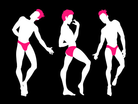 Sexy handsome men silhouettes dancing in underwear, stripper, go-go boy, gay club disco, neon colors, vector illustration
