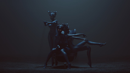 3 Blue Seductive Medusa Sisters in a Foggy Void 3d illustration 3d render    © paul