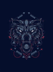 wild wolf head logo illustration with sacred geometry pattern as the background