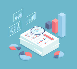 Business auditing, analysis, accounting, calculation, analytics. Piles of documents for review. Documents with charts and graphs with magnifying glass. Financial report. Isometric vector illustration.