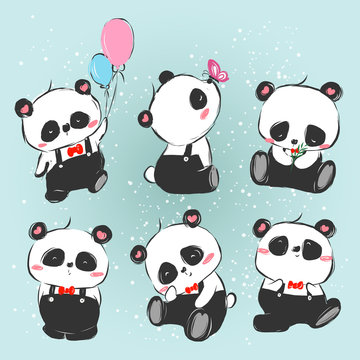 Hand Drawn of Cute Panda Set