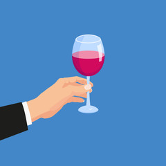 Hand holding a glass of red wine. Template vector illustration