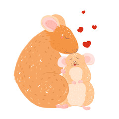 Mothers day. Mom and baby. Rat and little rat. Mouse and mouse.