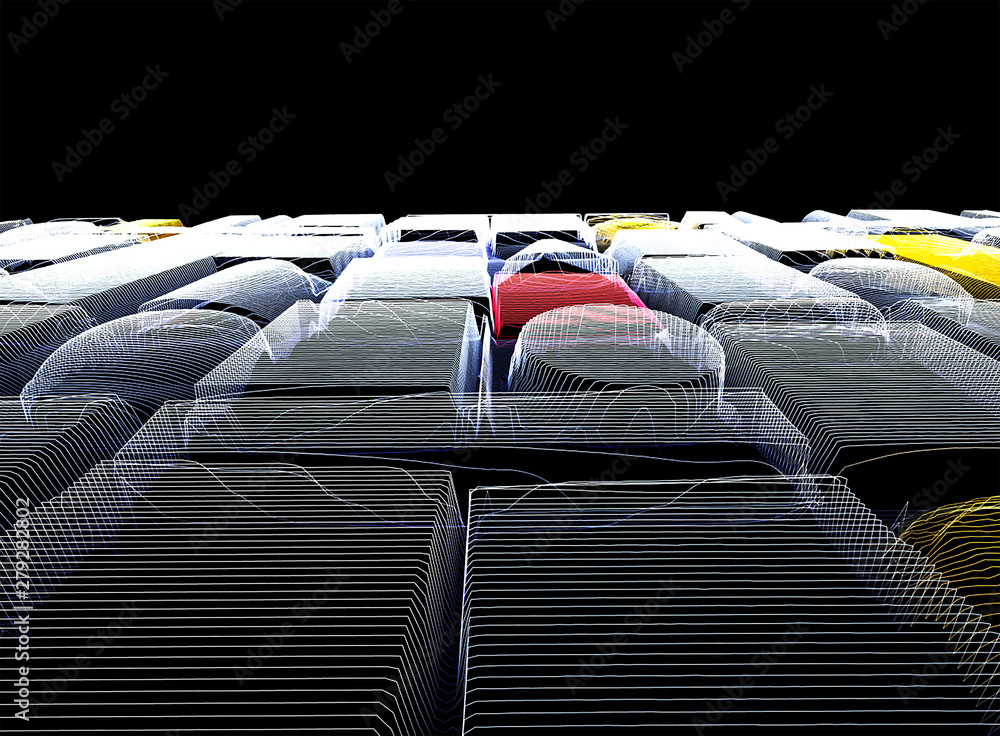 Poster abstract background with wall of multiple 3d shapes in neon lines