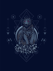 Wild white tiger illustration with sacred geometry pattern as the background