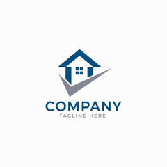 Real estate logo - house with chimney on the roof and grey check mark on the white background - Vector