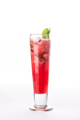 refreshing summer drink with fresh strawberries and mint in tall glass isolated on white background