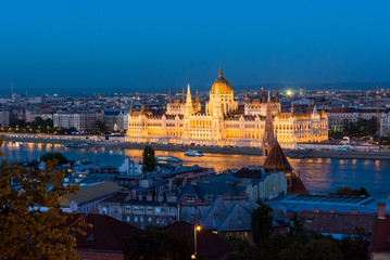 Night view of Budapest from Fisherman's Bastion, Hungarian Parliament over the Danube River, Budapest, Hungary