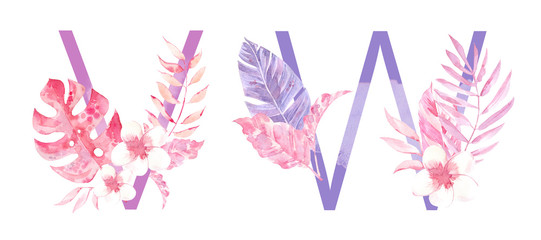Watercolor Hand Drawn tropic letters monograms or logo. Uppercase V, W with jungle herbal decorations. Palm and monstera leaves, flowers and branches.