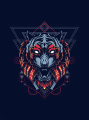 Wild tiger head logo illustration with sacred geometry pattern as the background