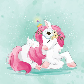 Cute Unicorn with Little Bunnies