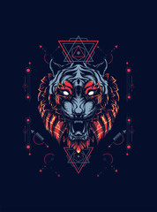 Wild tiger head logo illustration with sacred geometry pattern as the background