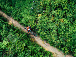 Cross country biking woman cyclist with mountain bike walking on tropical forest trail