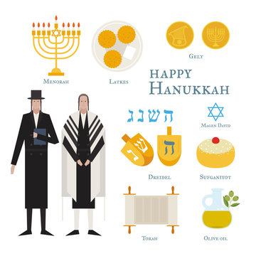 Traditional food and symbols of Jewish holiday Hanukkah. Rabbi character. flat design style minimal vector illustration.