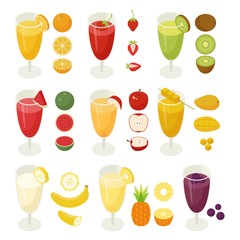 Fruit drinks in juice cups isometric design. Fruit icons. flat design style minimal vector illustration.