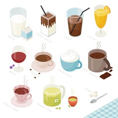 Drinks in a variety of menu isometric design. flat design style minimal vector illustration.