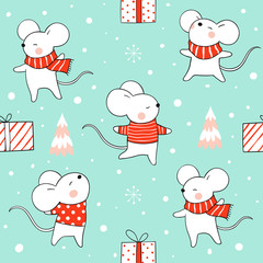 Seamless pattern rat in snow for Christmas and new year on green.