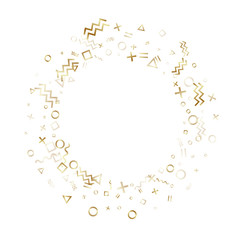 Memphis style geometric confetti vector background of triangle circle square shapes, chevron wavy lines.