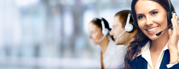 Call Center Service. Photo of customer support or sales agent. Group of callers or receptionist...